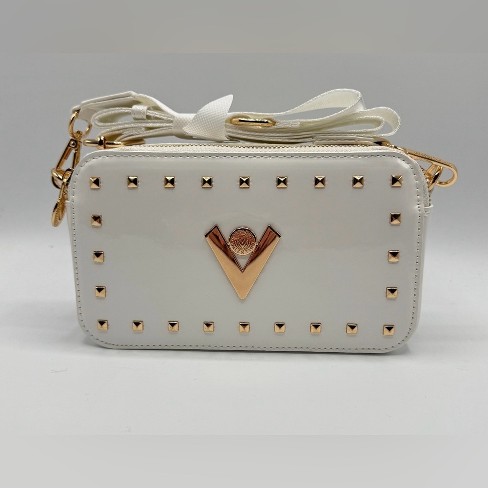 Valentino Orlandi White Leather Camera Crossbody Bag with Gold Studs and Emblem